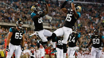 Aug 20, 2016; Jacksonville, FL, USA; Jacksonville Jaguars wide receiver Allen Hurns (88) and wide receiver Allen Robinson (15) celebrate after a touchdown in the second quarter against the Tampa Bay Buccaneers at EverBank Field. Mandatory Credit: Logan Bowles-USA TODAY Sports