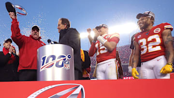 The Chiefs' Andy Reid, Patrick Mahomes, and Tyrann Mathieu celebrating their Super Bowl win