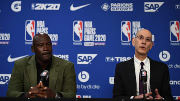 Michael Jordan (L) and Adam Silver (R) giving a press conference at the NBA Paris Game