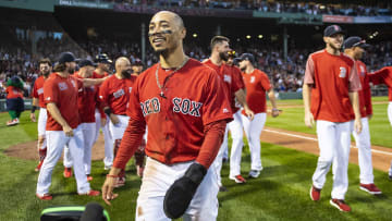 Red Sox OF Mookie Betts all smiles after a walk-off hit against the Orioles
