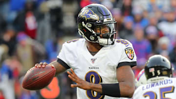 Lamar Jackson looking downfield for an open receiver vs. the Buffalo Bills