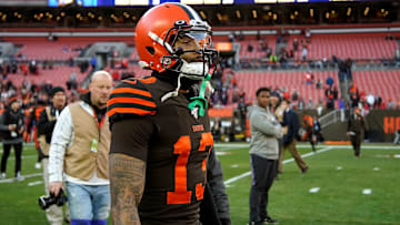 Browns receiver Odell Beckham Jr. walks around the field after a loss to the Ravens.