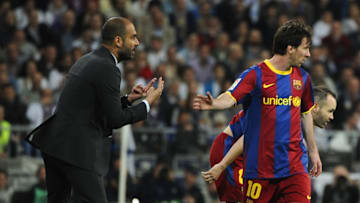 Barcelona's coach Josep Guardiola (L) sp