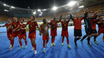 Belgium players celebrate their round of 16 win against Portugal 
