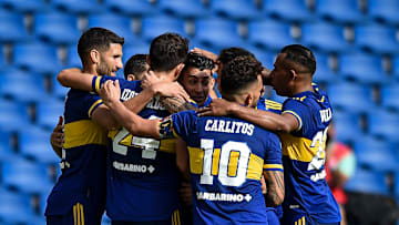 Boca Juniors v Lanus - Copa de la Liga Profesional 2021 - Boca festeja su gol.