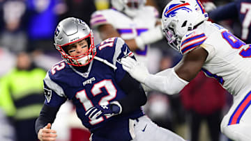 Tom Brady trying to avoid pressure against the Buffalo Bills. 