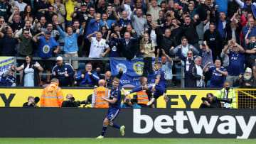 Patrick Bamford and Raphinha celebrating against Burnley