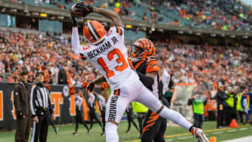 Browns receiver Odell Beckham Jr. makes an acrobatic catch in the end zone against the Bengals.