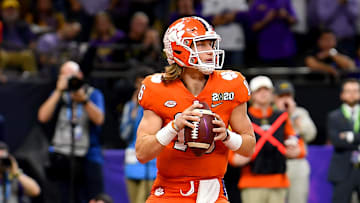Clemson quarterback Trevor Lawrence looks to make a pass during the College Football Playoff National Championship. 