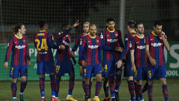 Los jugadores del Barça celebran uno de los goles al Cornellá