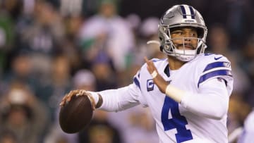 Dallas Cowboys quarterback Dak Prescott looks to make a throw.