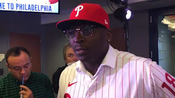 Didi Gregorius answering questions about the Yankees after signing with the Philadelphia Phillies