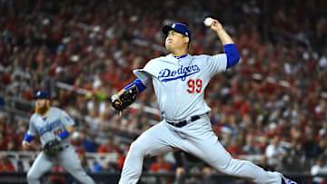 Ryu lanzando en la Serie Divisional contra Nacionales de Washington