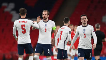 Harry Kane celebrates his early opener with the England team