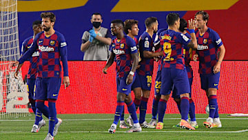 Barcelona celebrate scoring against Athletic Club last time out.