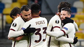 La gioia della Roma per la qualificazione ai quarti di Europa League La gioia della Roma per la qualificazione ai quarti di Europa League