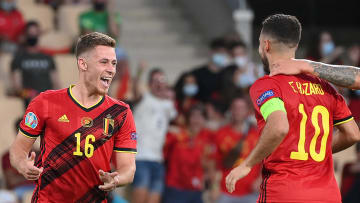 Thorgan Hazard celebrates his fine goal against Portugal with his brother Eden