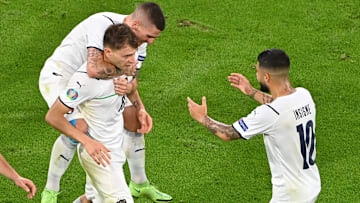 L'Italia esulta dopo il gol di Barella al Belgio 