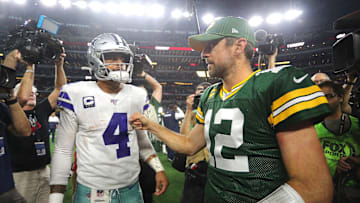 Dak Prescott meeting with Aaron Rodgers following their Cowboys-Packers matchup