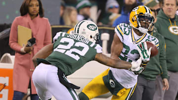 Green Bay Packers wide receiver Marquez Valdes-Scantling attempts to make a catch during a game against the New York Jets.