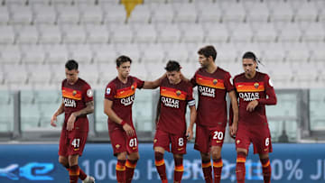AS Roma players celebrate during their 3-1 victory over Juventus 