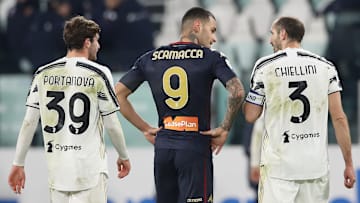 L'attaccante Scamacca tra i due juventini Portanova e Chiellini 