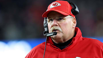 Andy Reid patrols the sideline for the Chiefs against the Patriots.