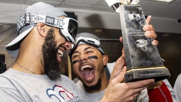 Boston Red Sox pitcher David Price and OF Mookie Betts after 2018 ALCS win. 
