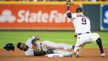 Jackie Bradley Jr. is slapped with the tag in painful fashion against the Houston Astros.