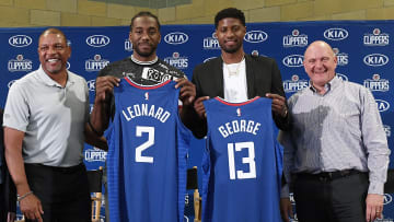 Doc Rivers, Kawhi Leonard, Paul George and Steve Ballmer, Los Angeles Clippers Introduce Kawhi Leonard & Paul George