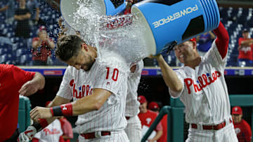 Trevor Plouffe getting water dumped on him. 