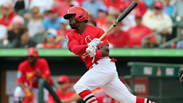 Cardinals outfielder Adolis Garcia in action against the Marlins. 