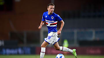 Mikkel Damsgaard of UC Sampdoria in action during the Coppa...