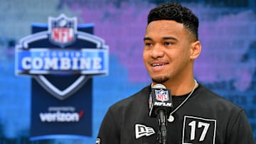 Tua Tagovailoa smiles as he speaks to the media at the 2020 NFL Scouting Combine.