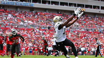 Colston hauls in a pass from Drew Brees in a game in Tampa