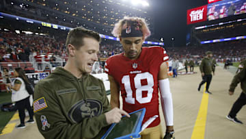Mike LaFleur and Dante Pettis on the sideline during the 49ers games vs the New York Giants in 2018.