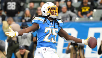 Melvin Gordon celebrates a touchdown for the Los Angeles Chargers against the Oakland Raiders