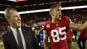 Lynch and Kittle celebrating a win vs. the Raiders