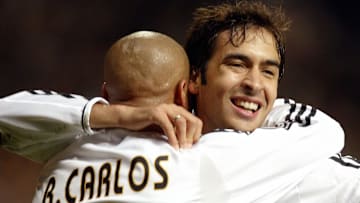 Real Madrid's Raul Gonzalez (R) celebrat