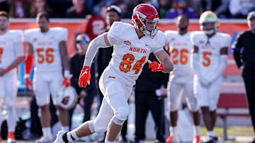 Trautman running a route at the 2020 Senior Bowl