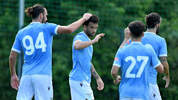 L'esultanza biancoceleste dopo il gol al Meppen