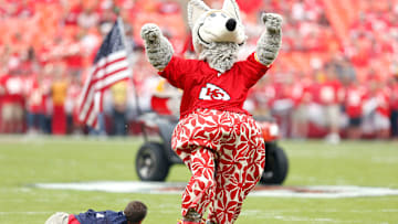 K.C. Wolf stands tall before an Arrowhead Stadium crowd during a game against the Chargers.