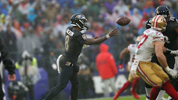 Lamar Jackson tosses a pass in Ravens vs 49ers
