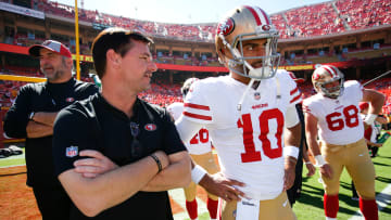 Rich Scangarello talking to Jimmy Garoppolo when he was the 49ers quarterback coach back in 2018