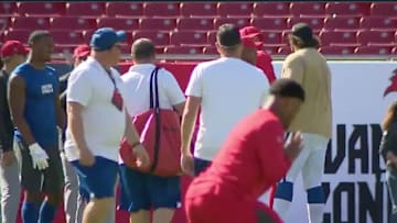 Quenton Nelson wasn't happy after almost getting drilled with a punt in warmups. 