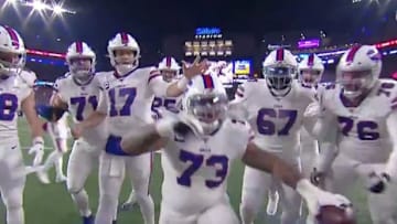 Dion Dawkins celebrates after Bills big man TD in New England