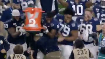James Franklin tackled a player in celebration after taking a Gatorade shower.