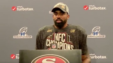 49ers RB Raheem Mostert at the podium after Sunday's NFC Championship Game 
