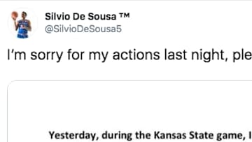 Kansas' Silvio De Sousa tweeted out an apology for his role in Tuesday night's brawl. 