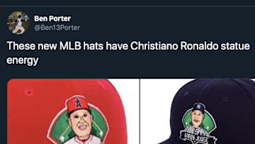 A tweet comparing the New Era play-specific hats to a statue of Cristiano Ronaldo.